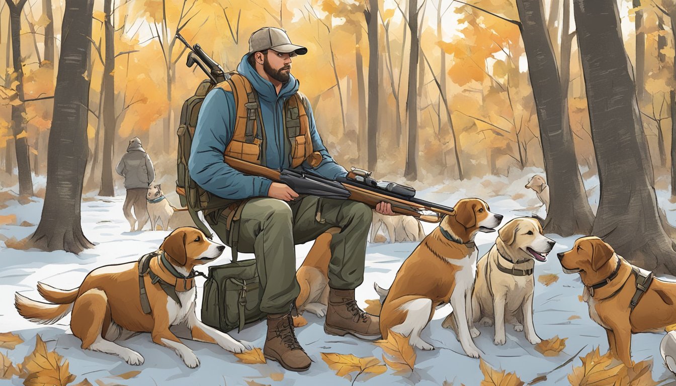 A hunter with dogs in a wooded area, checking bag limits and reporting harvest in Maryland