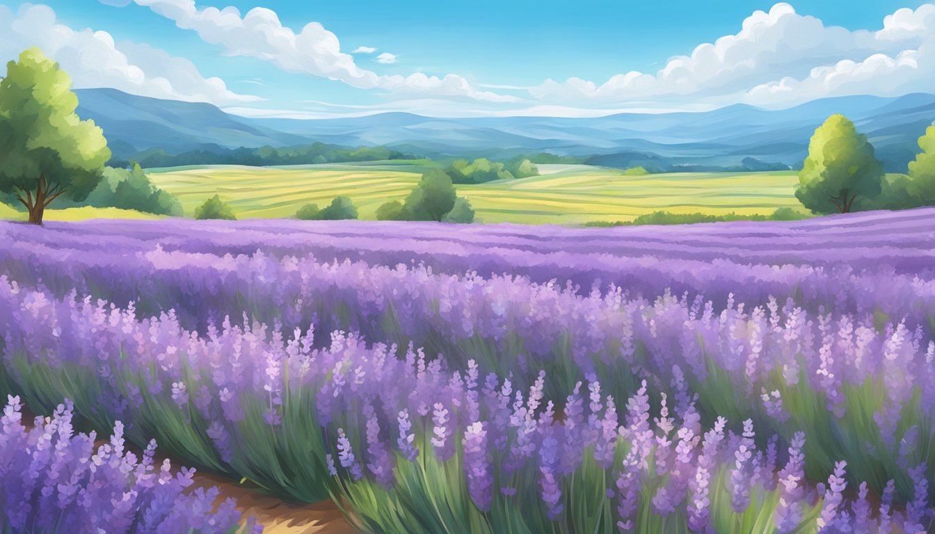 A field of blooming lavender with a bright blue sky and a few fluffy white clouds overhead