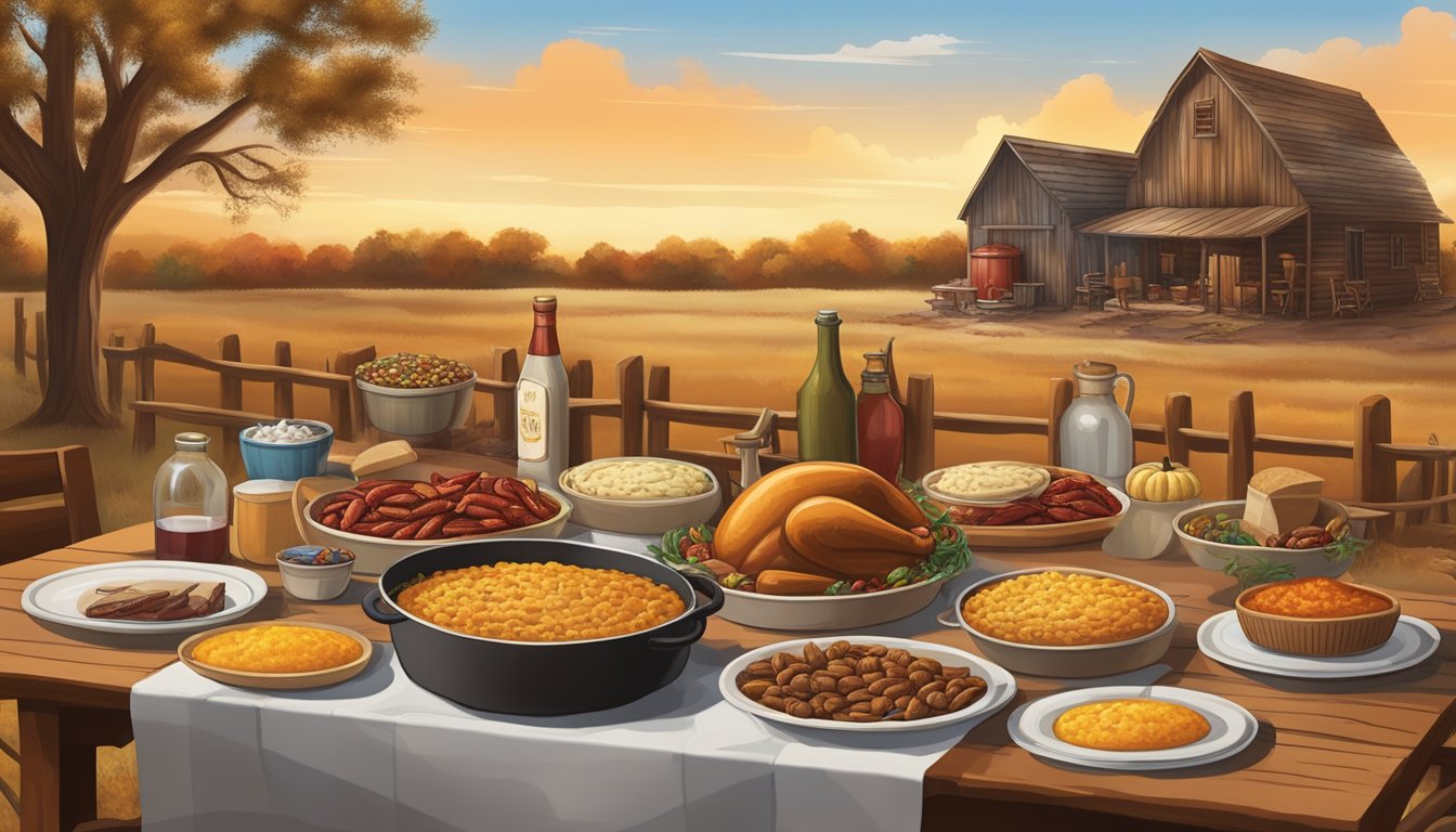 A rustic Texas landscape with a table set for a Thanksgiving feast, surrounded by iconic Texan flavors and ingredients such as BBQ, cornbread, pecan pie, and chili peppers