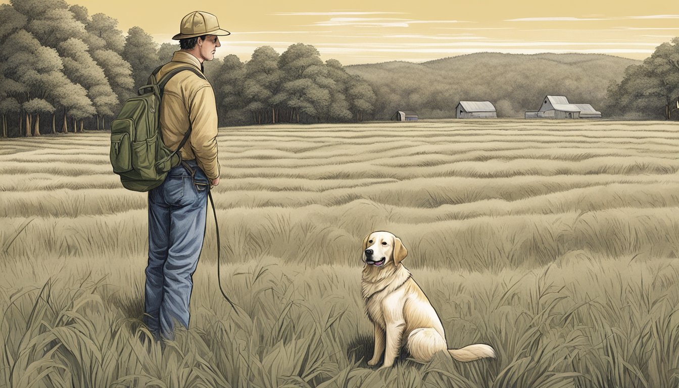 A golden retriever stands alert in a field, surrounded by rolling hills and dense trees. A trainer holds a whistle and a bag of training dummies, preparing for hunt tests and field trials in West Virginia