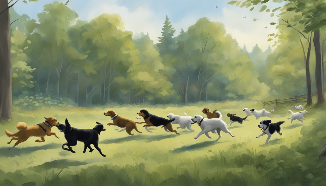 Dogs running through a wooded area, with handlers in the distance. A bird flushes from the brush as the dogs eagerly pursue their training and field trials in Connecticut