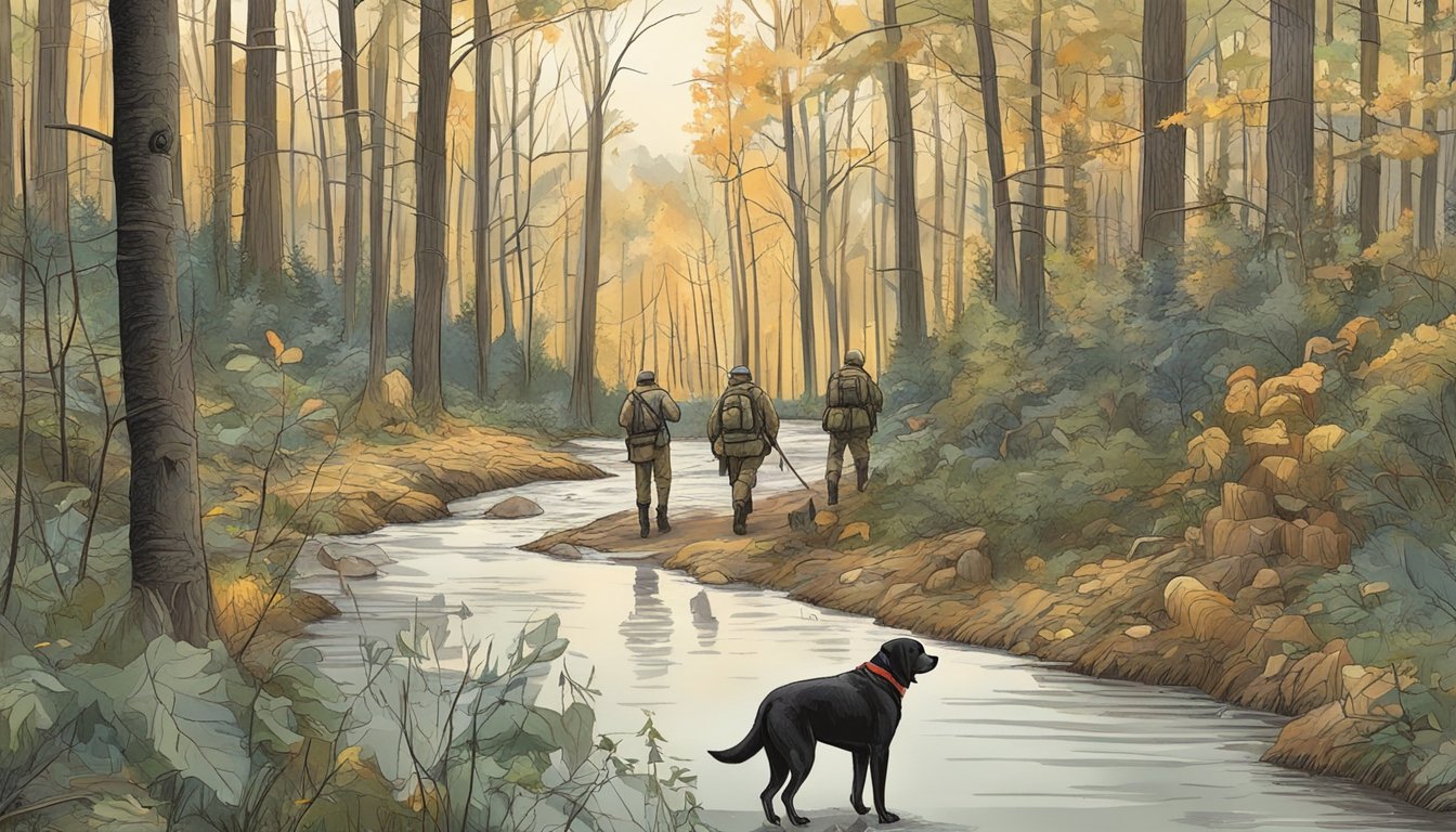 Dogs and hunters tracking wildlife in Maryland forest