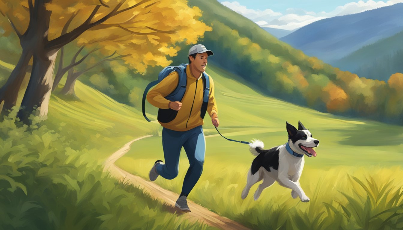 A dog running through fields with a trainer in the background, surrounded by forests and mountains in West Virginia