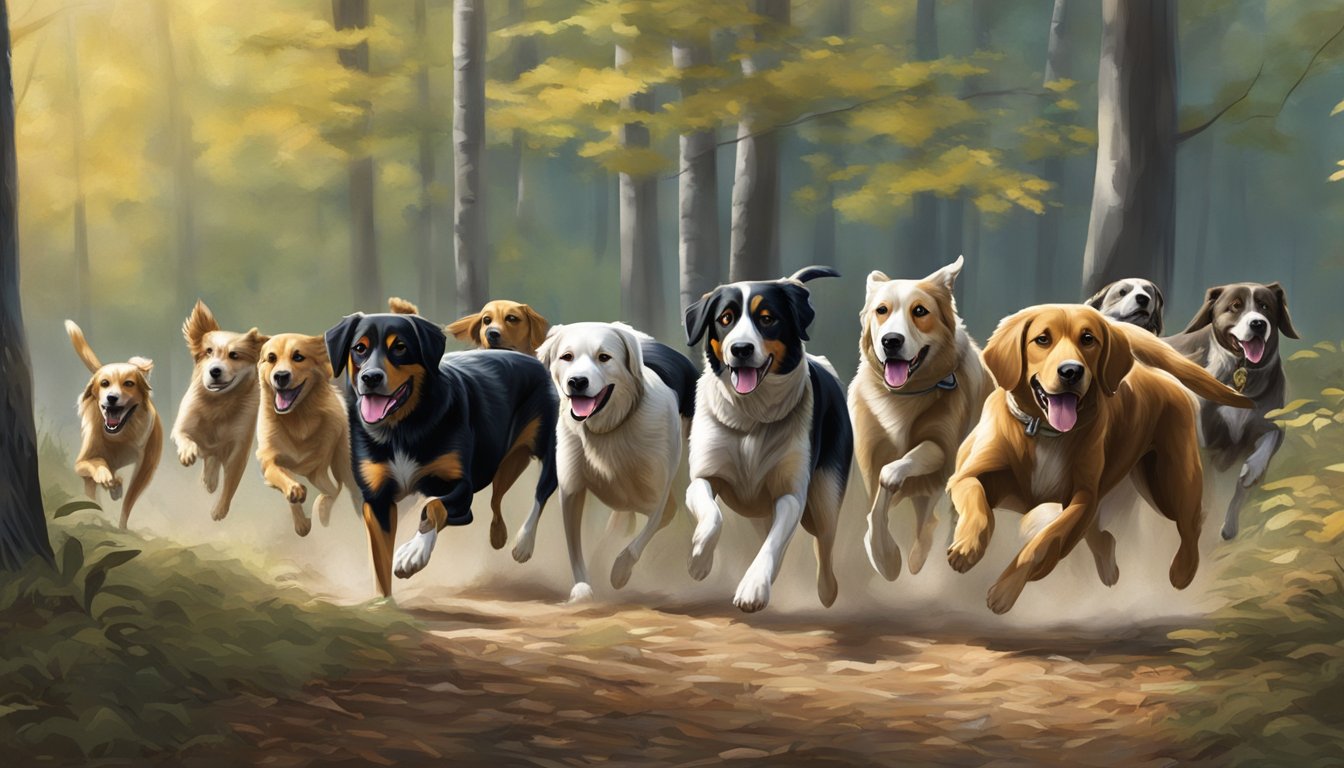 A pack of hunting dog breeds running through a wooded area in Connecticut, with their noses to the ground, searching for prey