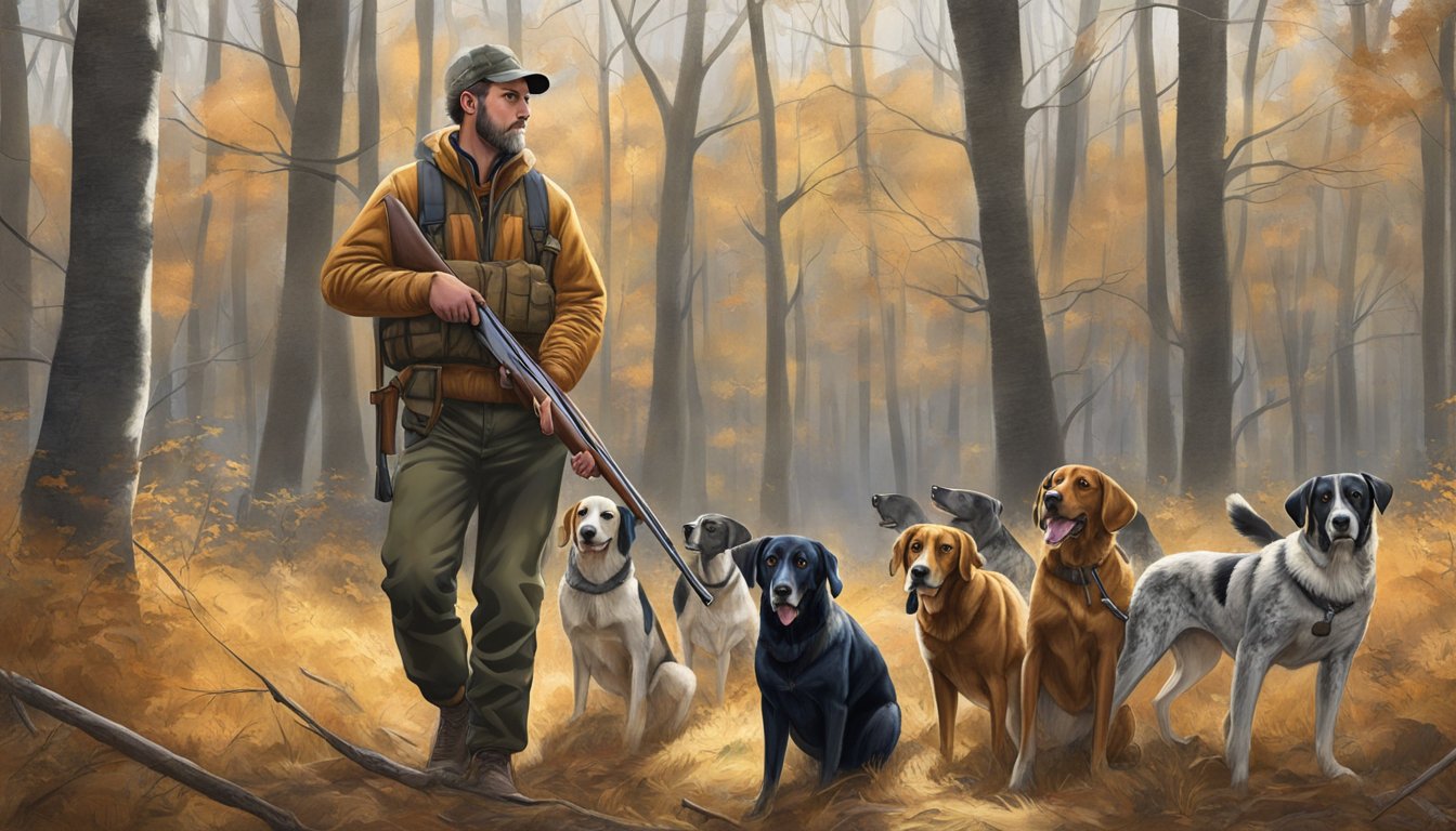 A hunter with a shotgun and hunting dogs in a wooded area during open season in Connecticut