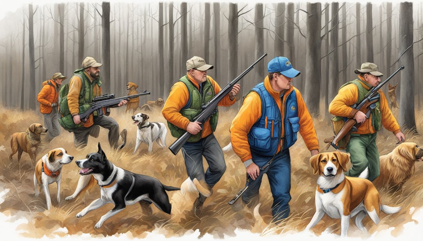 Dogs wearing bright vests hunt in a wooded area, while hunters carry firearms and respect wildlife boundaries