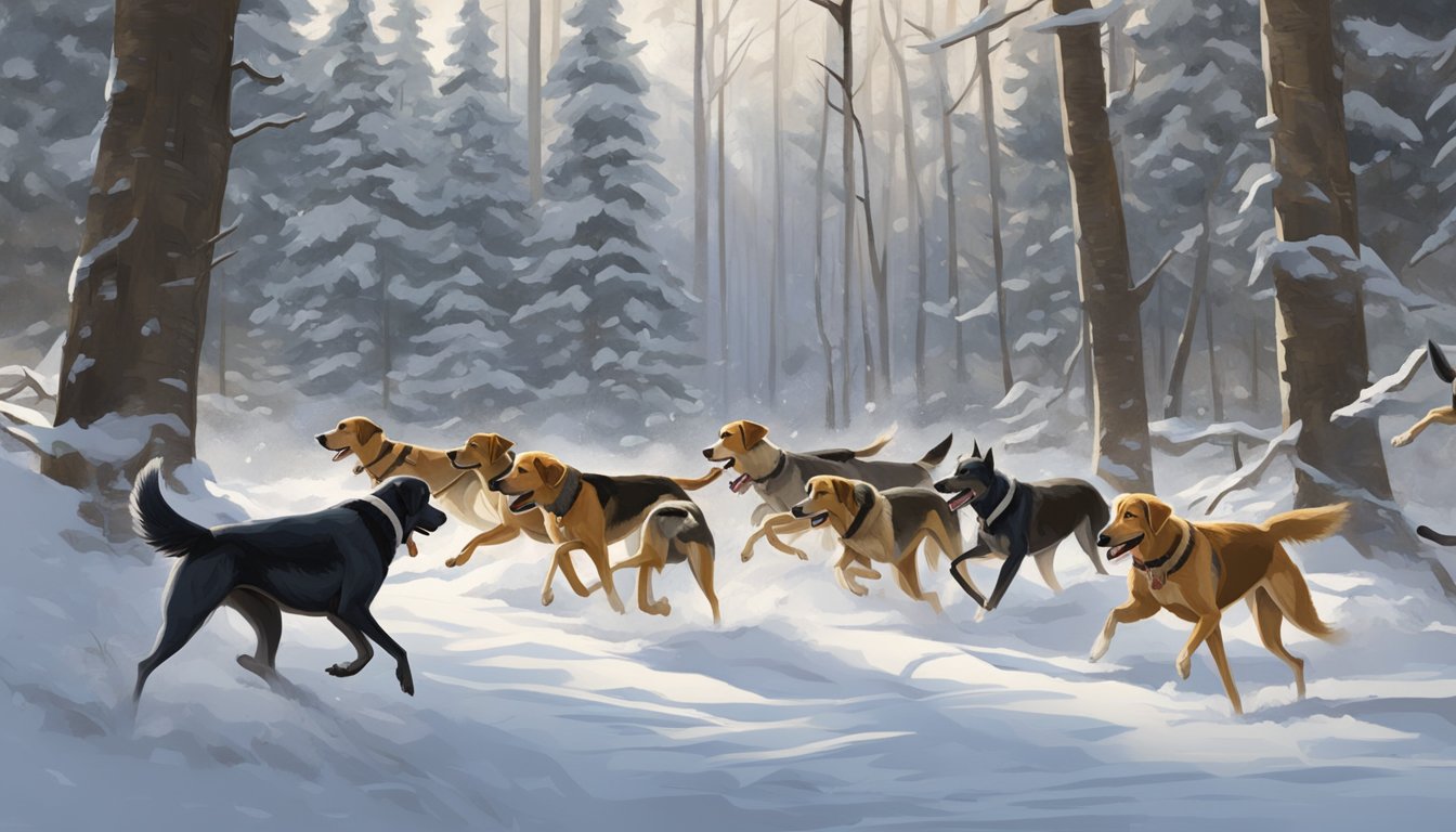 A pack of hunting dogs running through a forest in Minnesota, their noses to the ground, eagerly searching for prey