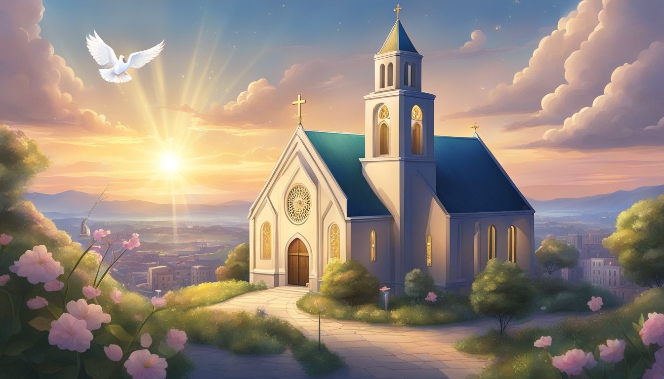 A church with a glowing cross stands tall amidst a deserted city, surrounded by symbols of hope and resilience - blooming flowers, a shining sun, and a dove in flight