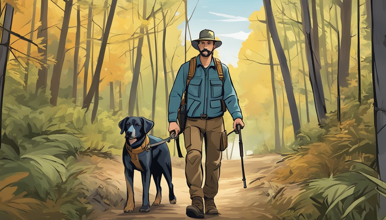 A hunter holding a hunting license while walking with their dog in a wooded area, following the regulations set by the state of Alabama