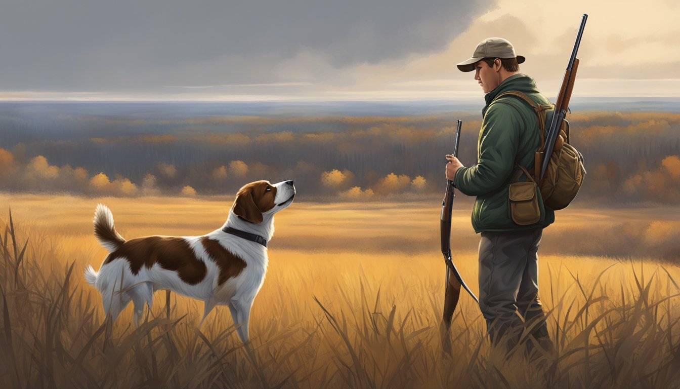 A hunter standing in a field, holding a shotgun, while a loyal hunting dog sniffs the ground, surrounded by the Minnesota wilderness