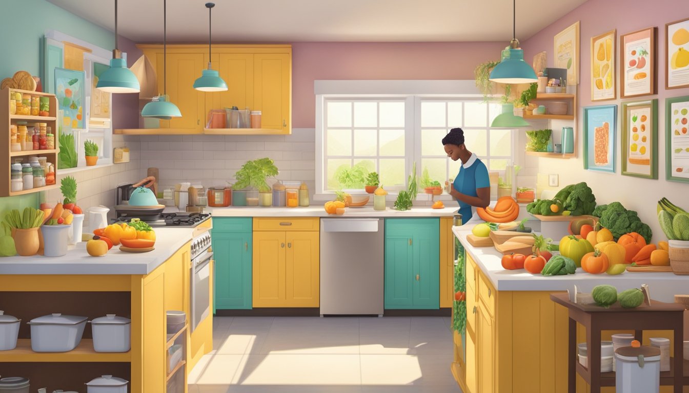 A colorful kitchen with fresh fruits, vegetables, and whole grains on the counter. A parent and child cook together, surrounded by educational posters on nutrition