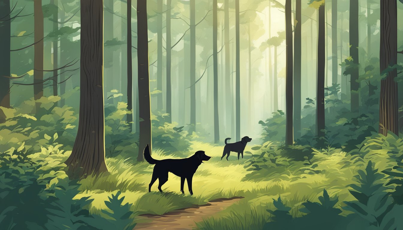 A dense forest in Minnesota, with tall trees and thick underbrush. Dogs are seen sniffing and searching for prey in the hunting areas