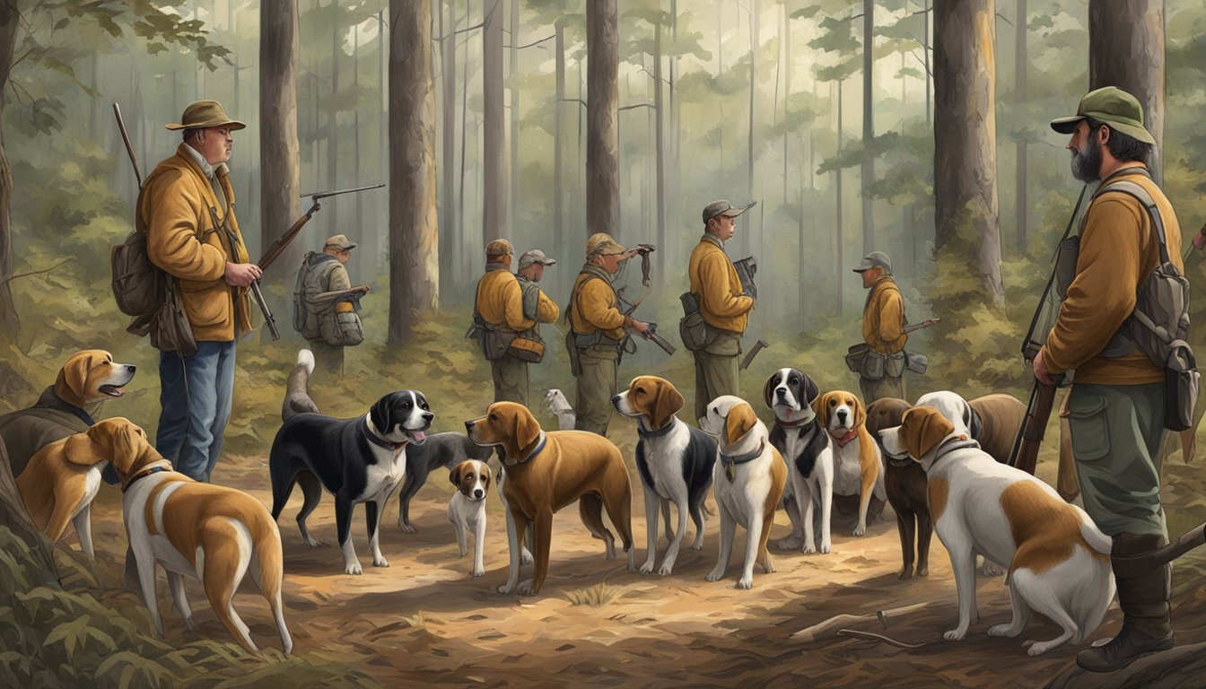 Dogs and hunters gather in a wooded area, preparing for a hunt in Alabama. The dogs are eager, and the hunters are focused on the task ahead