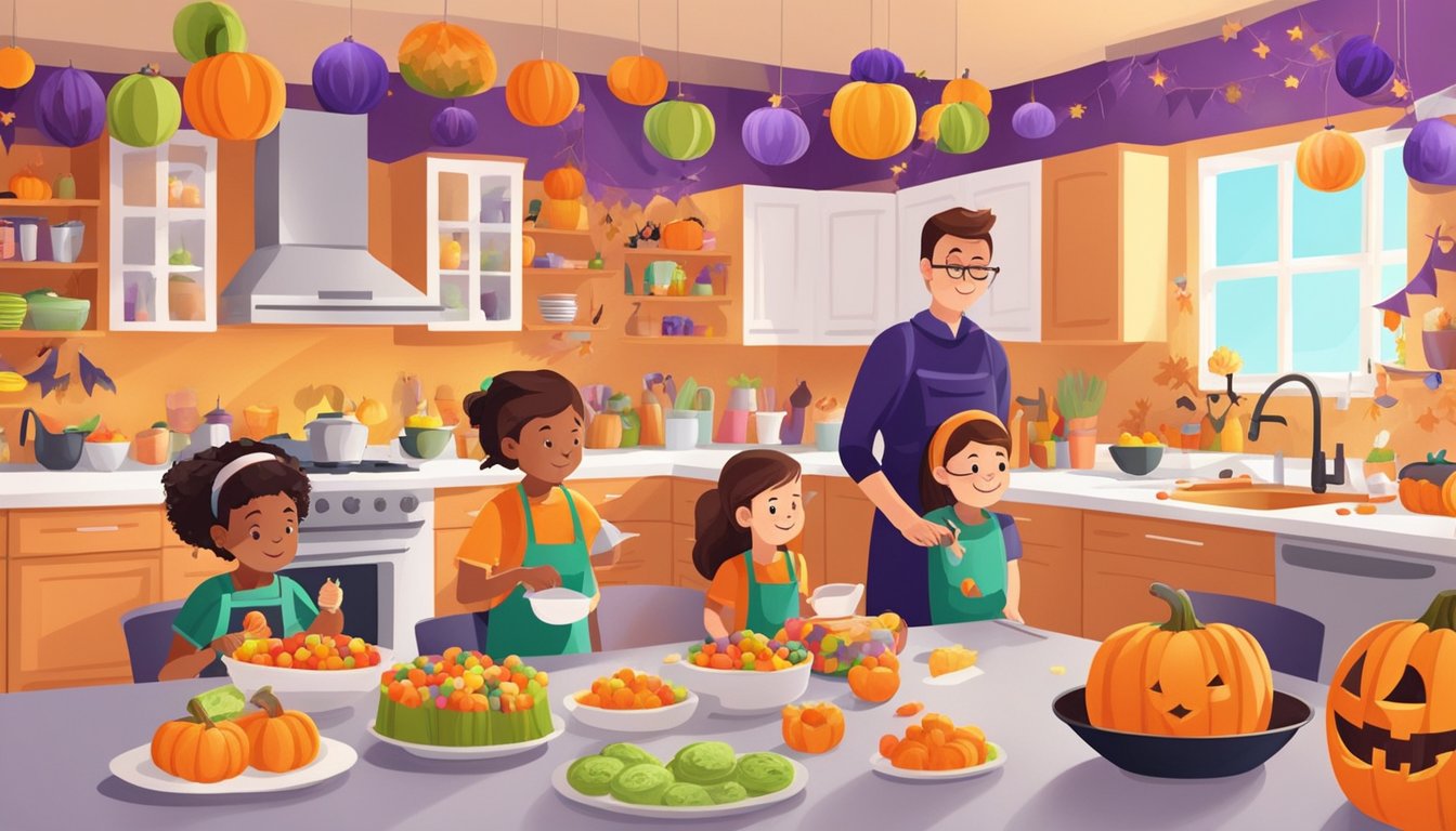 A group of kids and adults prepare allergy-friendly Halloween treats in a bright, spacious kitchen, surrounded by colorful ingredients and festive decorations