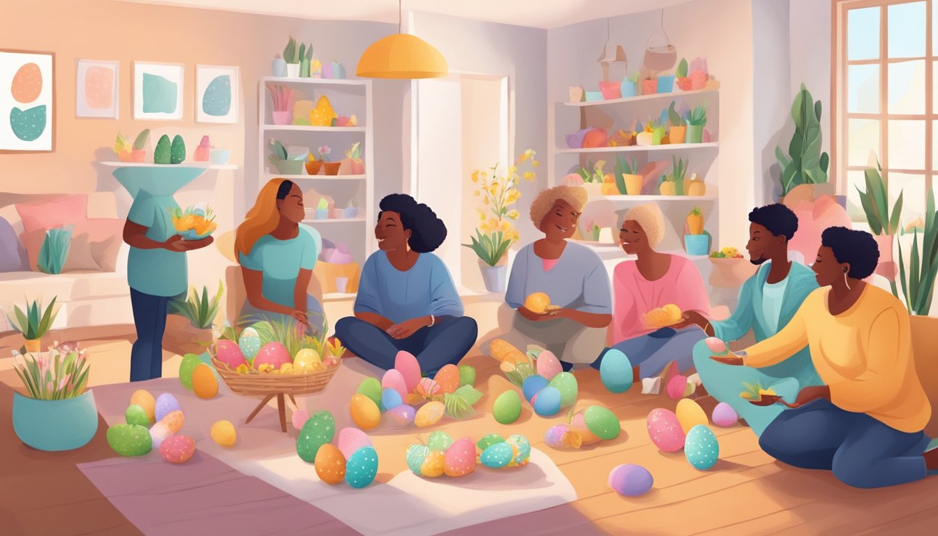 A diverse group of neighbors decorating their homes with colorful Easter decorations and sharing treats with each other from a safe distance