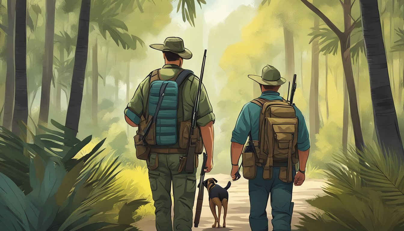 A hunter with a dog in a Florida forest, navigating through regulations and legal framework