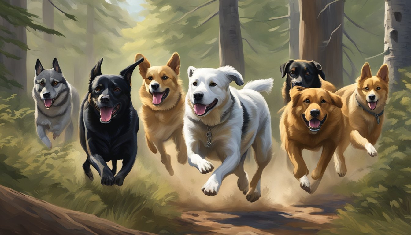 Dogs chasing game through Minnesota forest