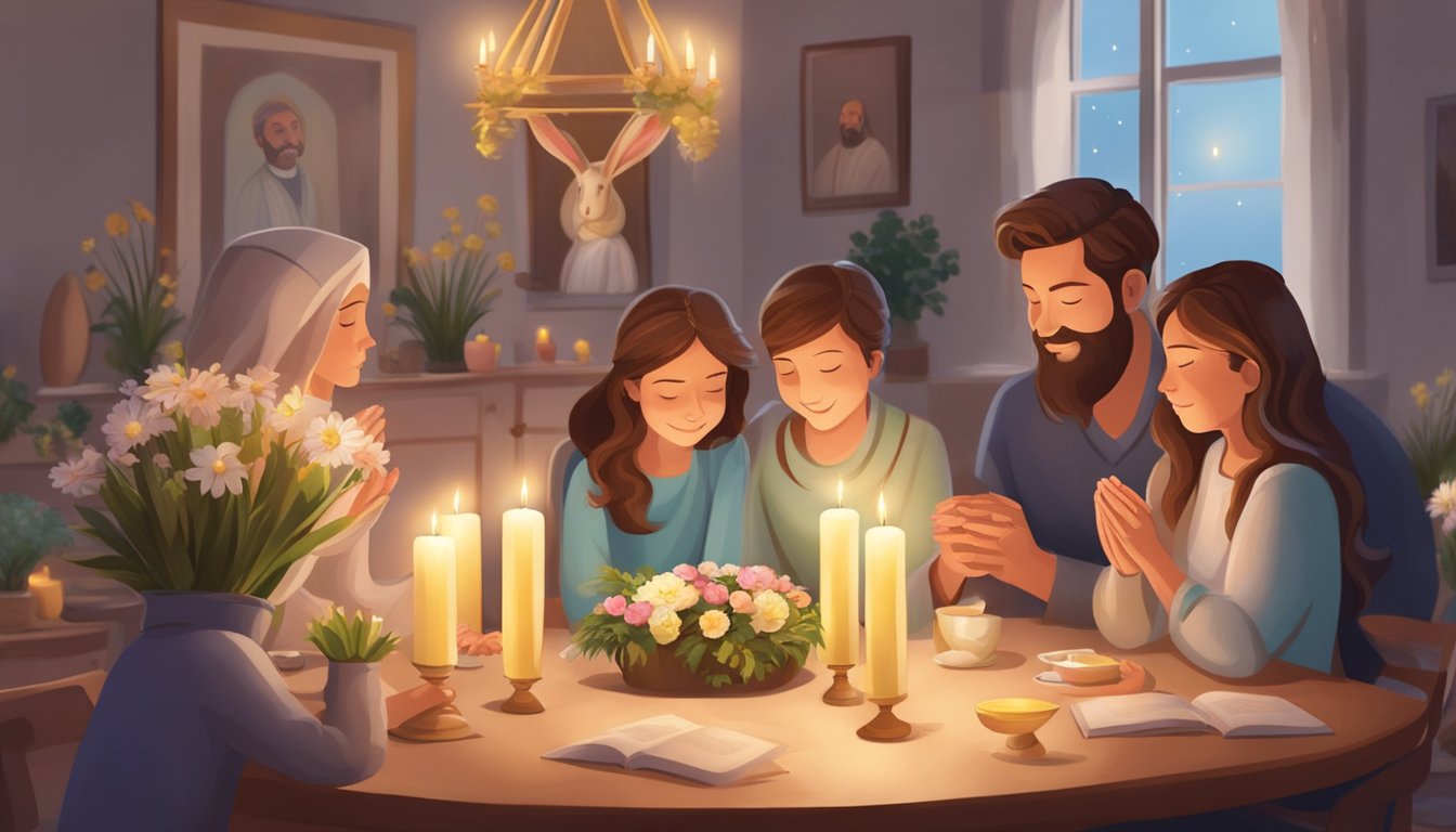 A table adorned with candles, flowers, and religious symbols. A family praying together via video call, surrounded by Easter decorations