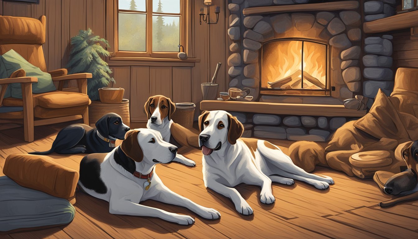 A group of tired but content hunting dogs rest by a cozy fire in a rustic Minnesota cabin, their owners tending to their care and management