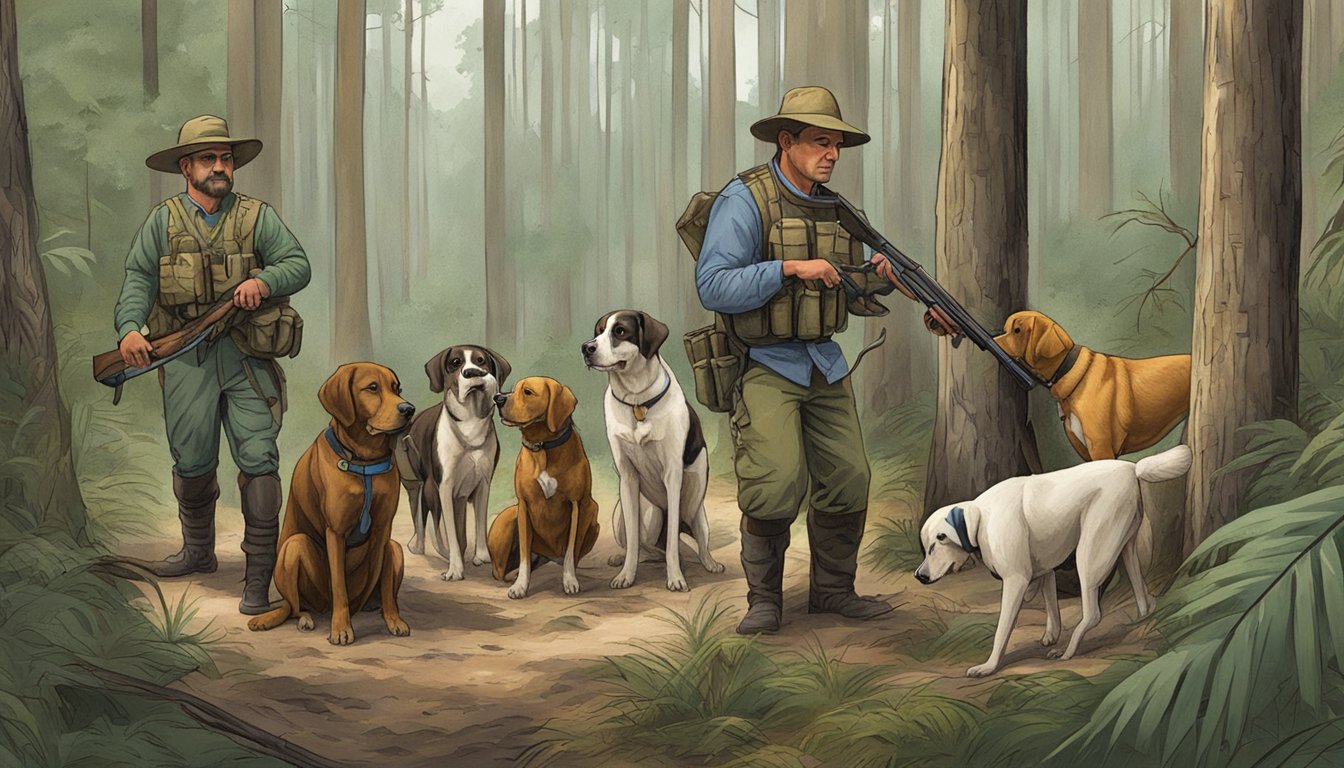 Dogs getting ready for a hunt in a Florida forest