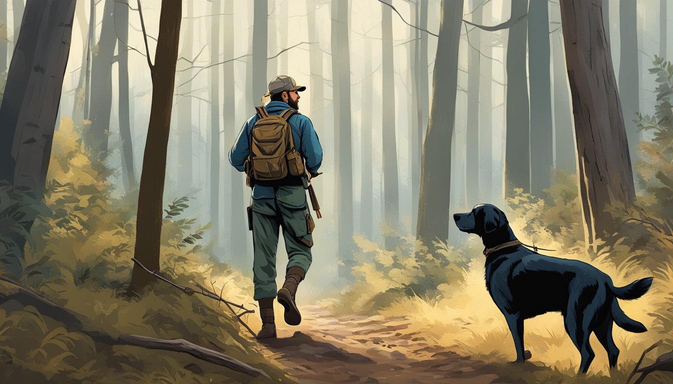 A hunter and their dog trek through the Alabama woods, following ethical practices while hunting. The dog eagerly sniffs the ground, leading the way