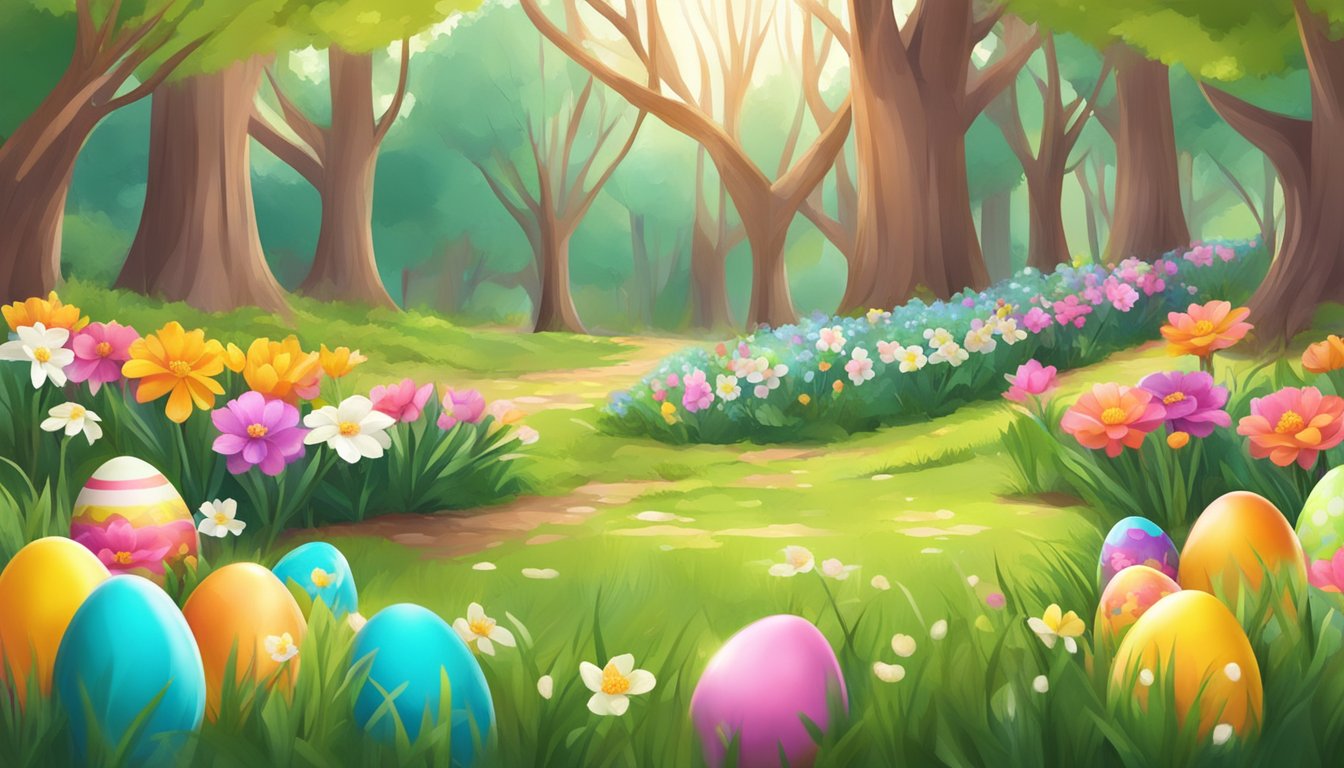 A colorful Easter egg hunt in a blooming garden