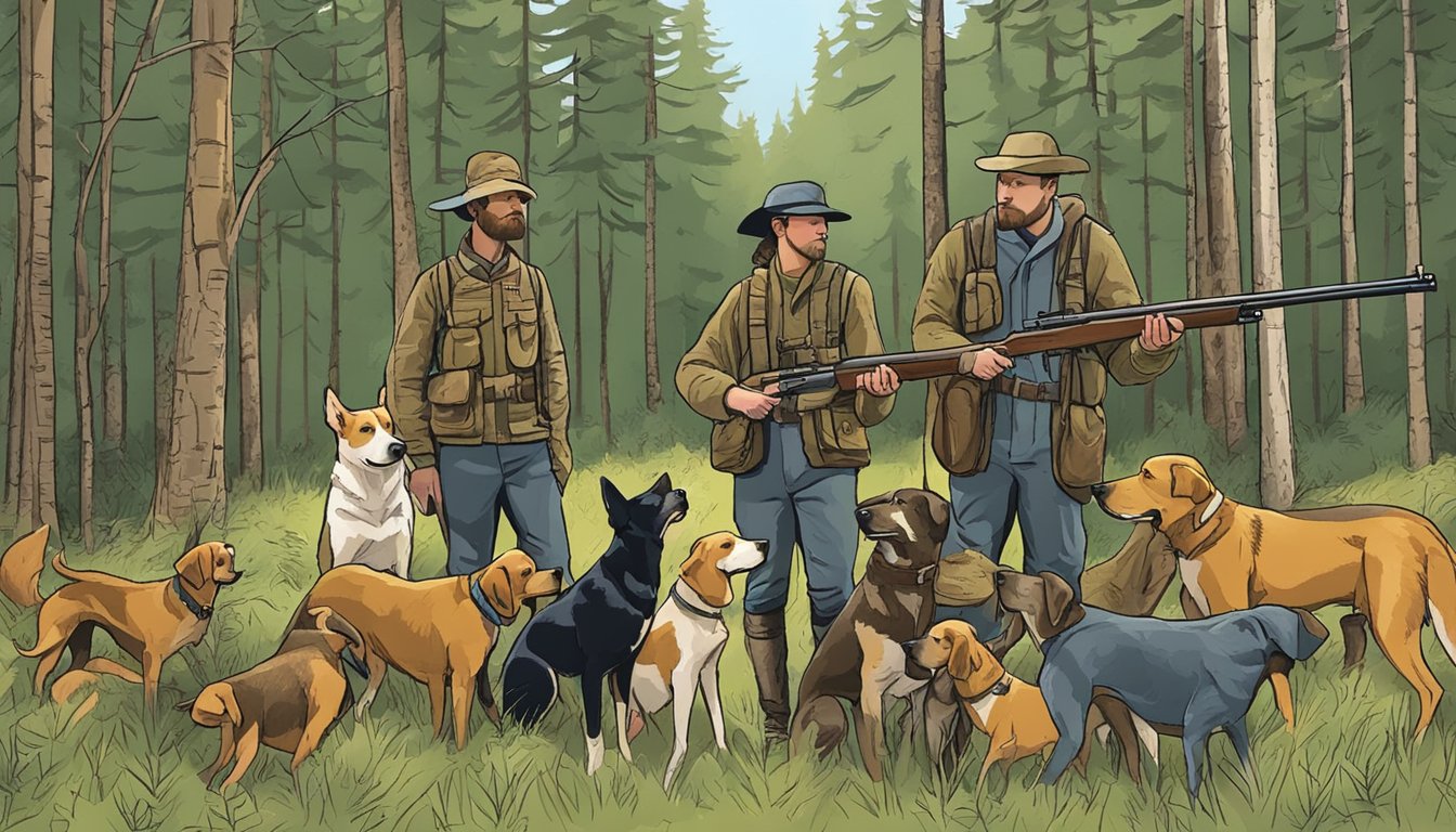 Dogs and hunters in a forest, following ethical guidelines and best practices for hunting in Minnesota