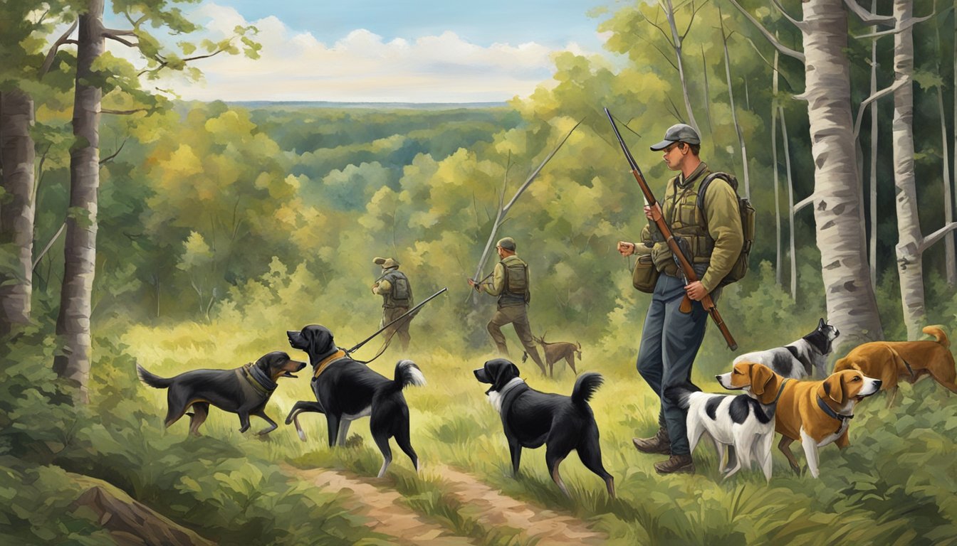 Dogs and handlers in a wooded Minnesota landscape, hunting for game