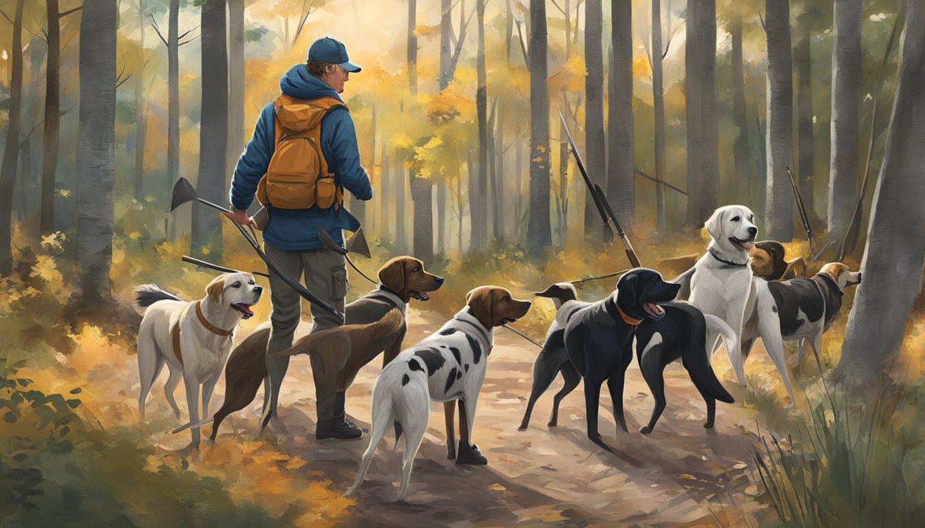 A hunter in Minnesota trains a pack of hunting dogs in a wooded area, surrounded by educational resources