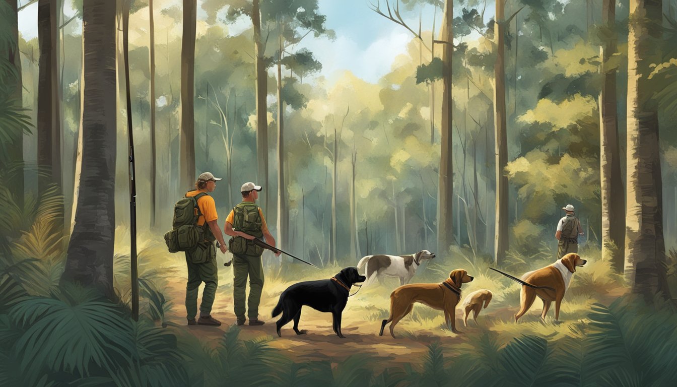 Hunters and dogs in a Florida forest, respecting ethical hunting practices and conservation efforts