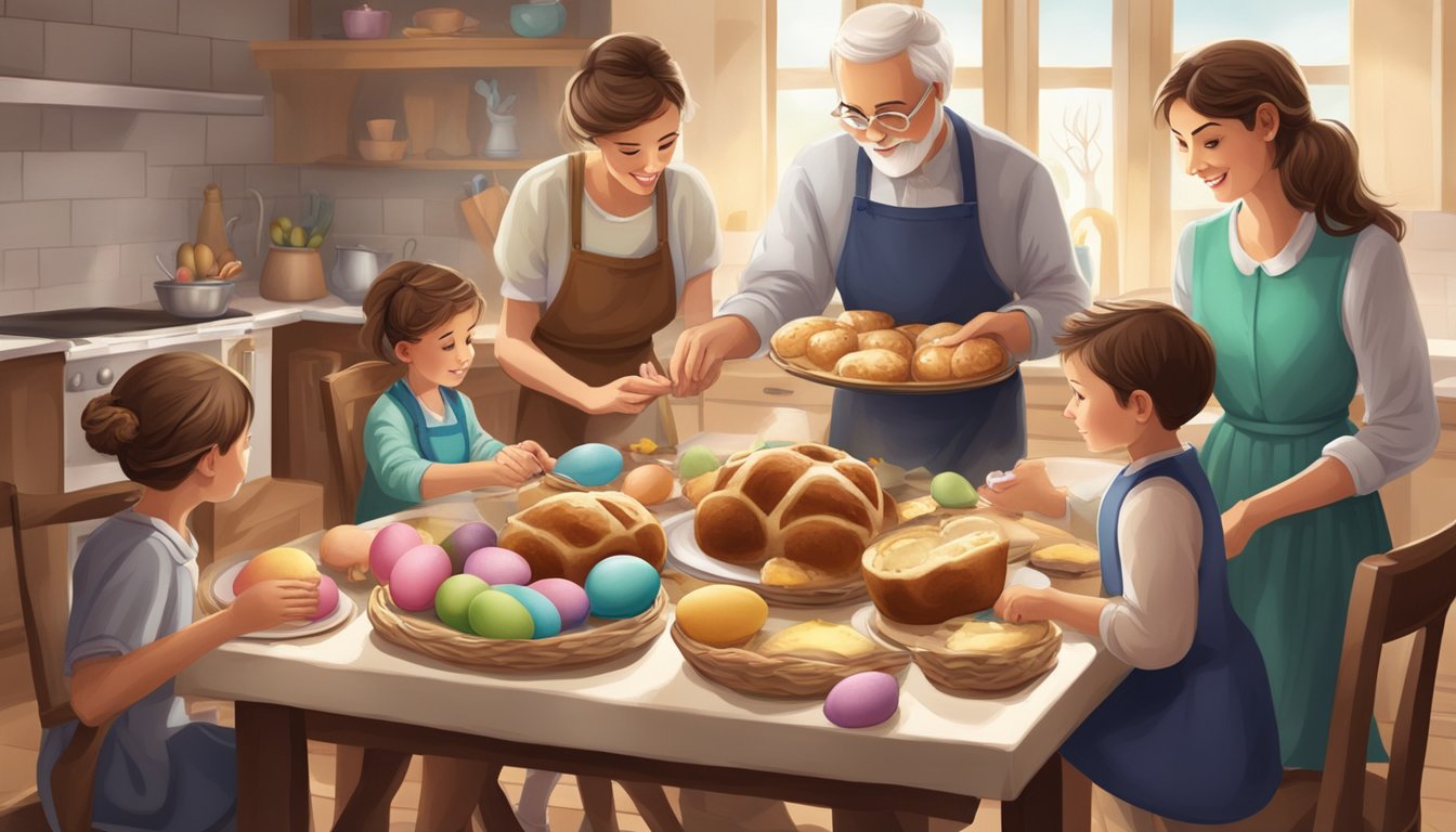 A family gathered around a table, decorating Easter eggs and baking hot cross buns together, while discussing the history and significance of the holiday