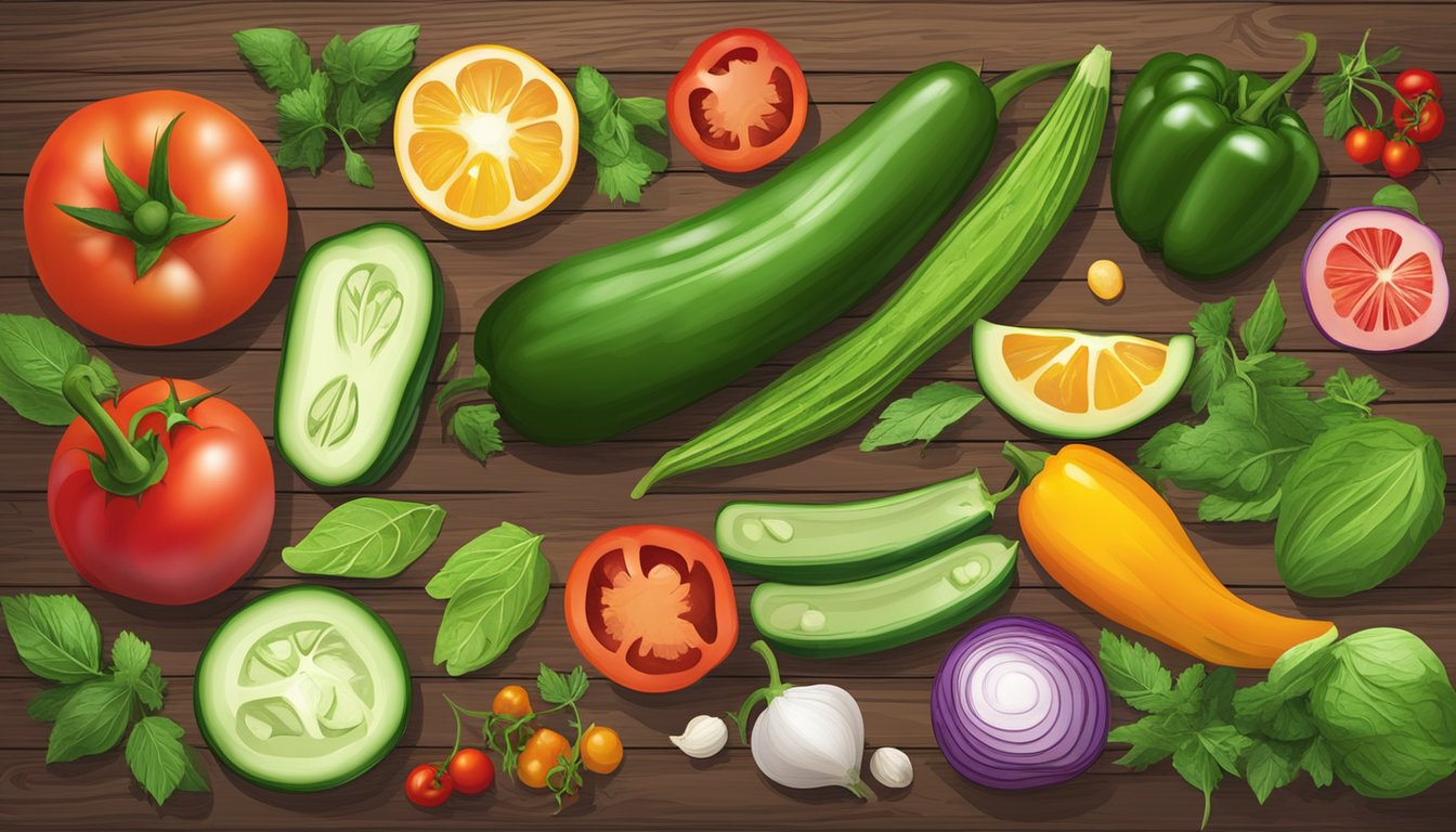 A colorful array of fresh vegetables, such as tomatoes, cucumbers, and bell peppers, laid out on a rustic wooden table, surrounded by herbs and spices