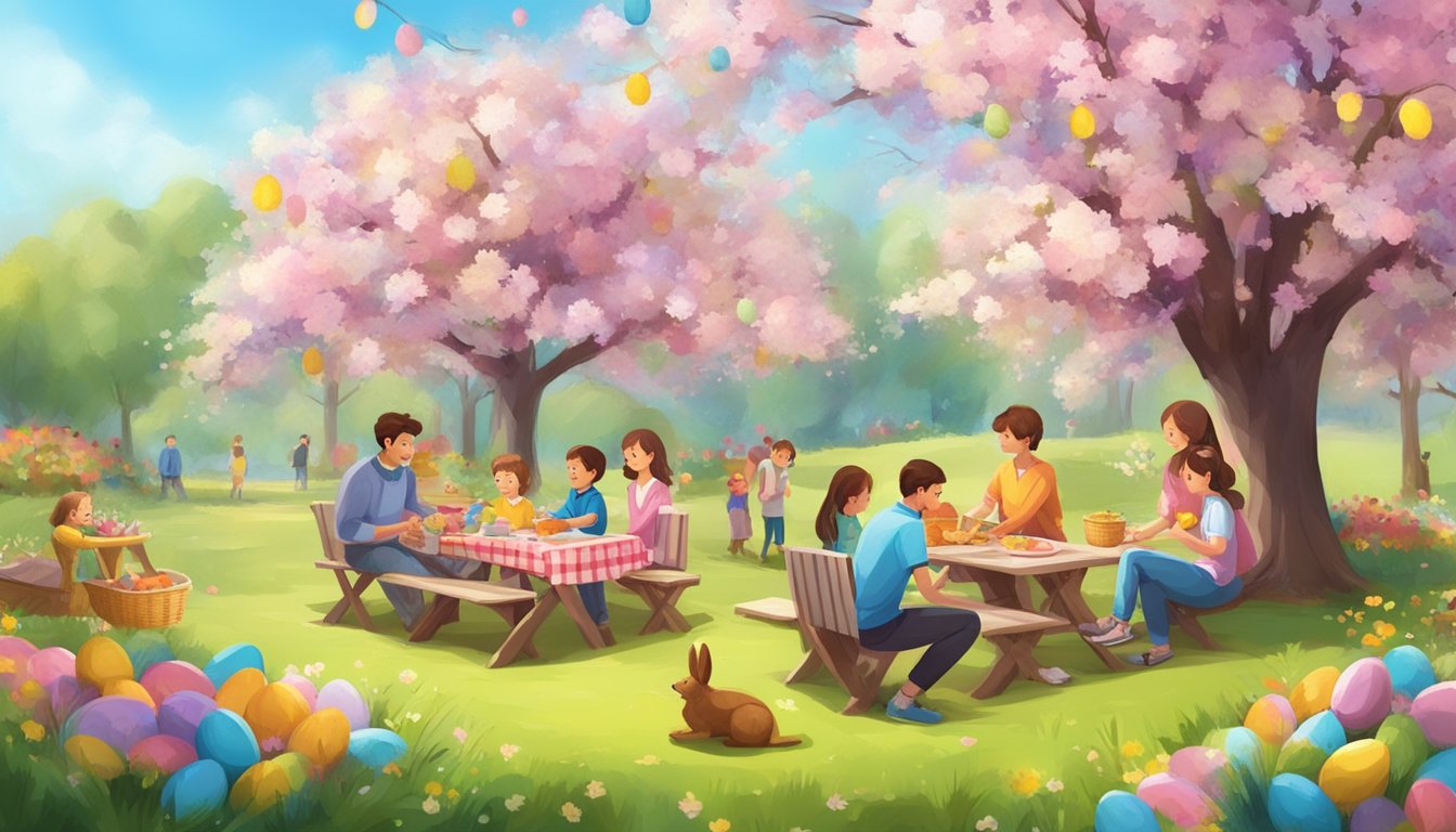 A family picnic under a blossoming tree, with children playing games and adults chatting, while colorful Easter decorations adorn the area