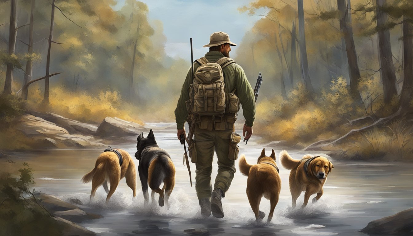 A hunter with a pack of dogs traversing through the Arkansas wilderness, following the legal framework for hunting with dogs