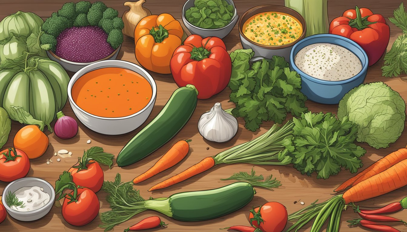 A colorful array of fresh vegetables, herbs, and spices arranged on a kitchen counter, with a bowl of chilled gazpacho in the background