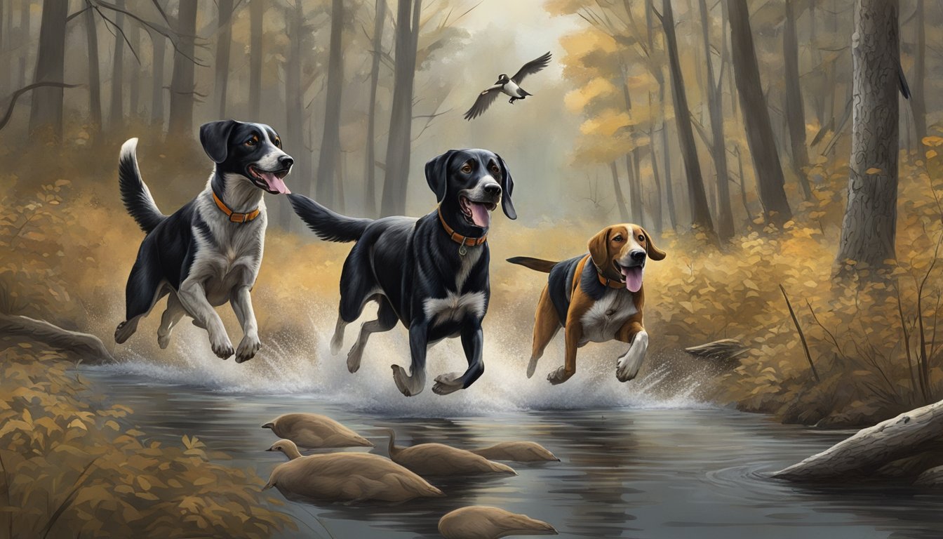 Several hunting dogs running through a forest in Arkansas, with one pointing at a bird and another retrieving a fallen duck from a pond