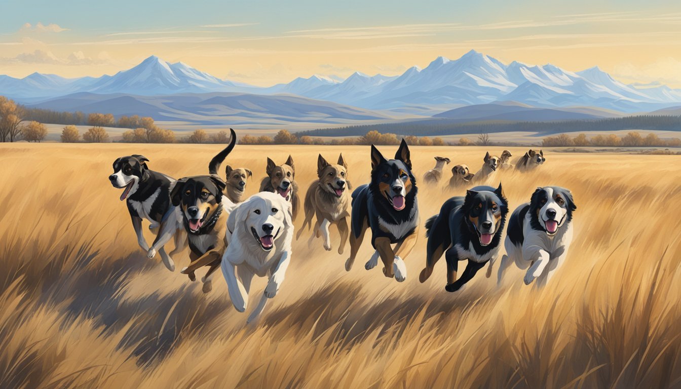 A pack of hunting dogs running through a vast, open field in Montana, with mountains in the distance and a clear blue sky above