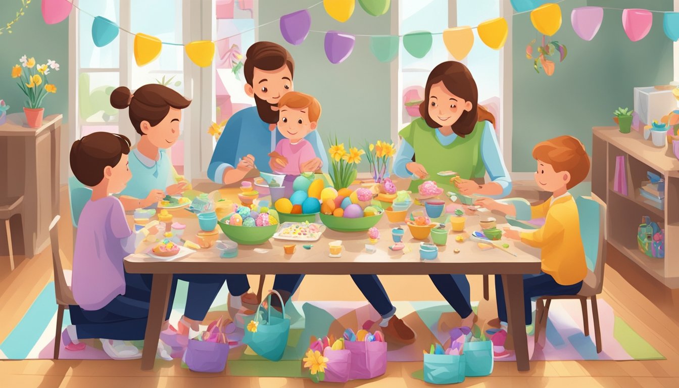 A family gathered around a table, engaged in Easter crafts and games, with colorful decorations and treats spread out