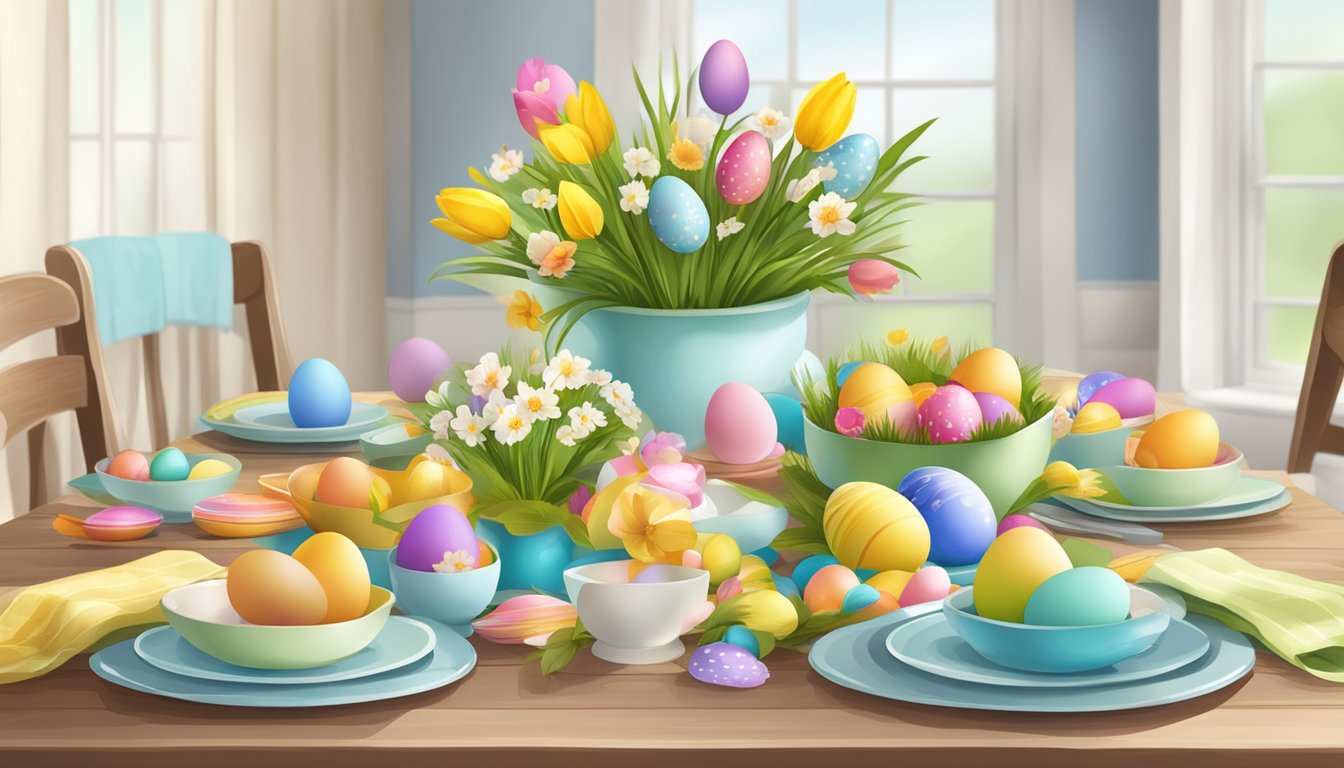 A table set with colorful Easter decorations, including painted eggs, a festive centerpiece, and baskets filled with spring flowers