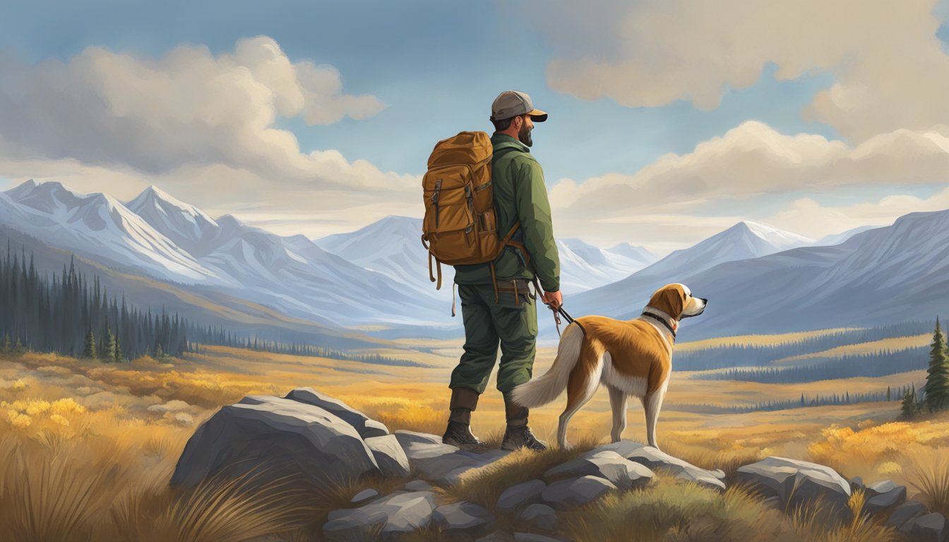 A hunter and his dog trek through the rugged Montana wilderness, the dog's nose to the ground, searching for prey