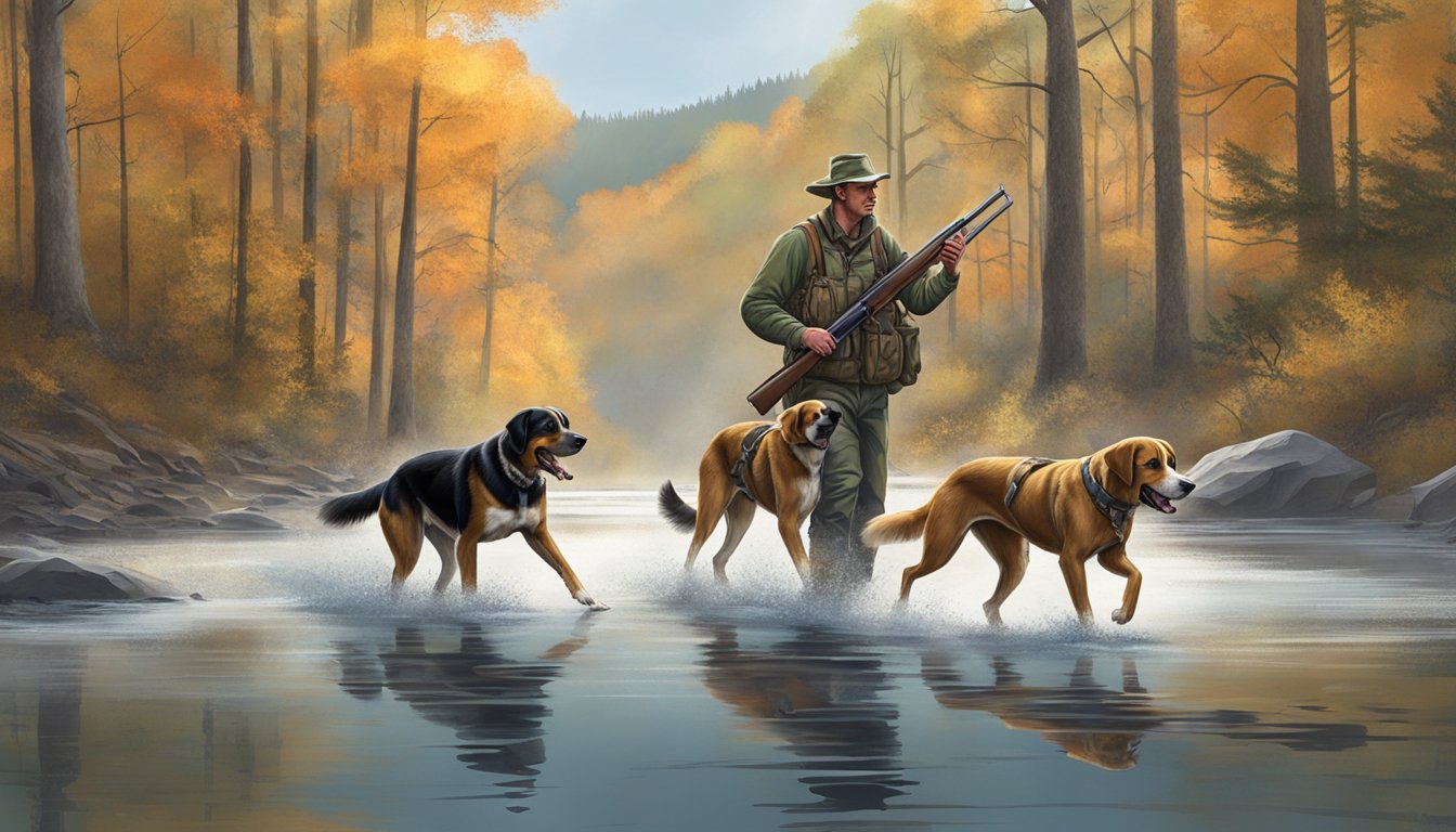 A hunter with a shotgun and his two hunting dogs trek through the Arkansas wilderness. The dogs are alert, noses to the ground, as they search for prey