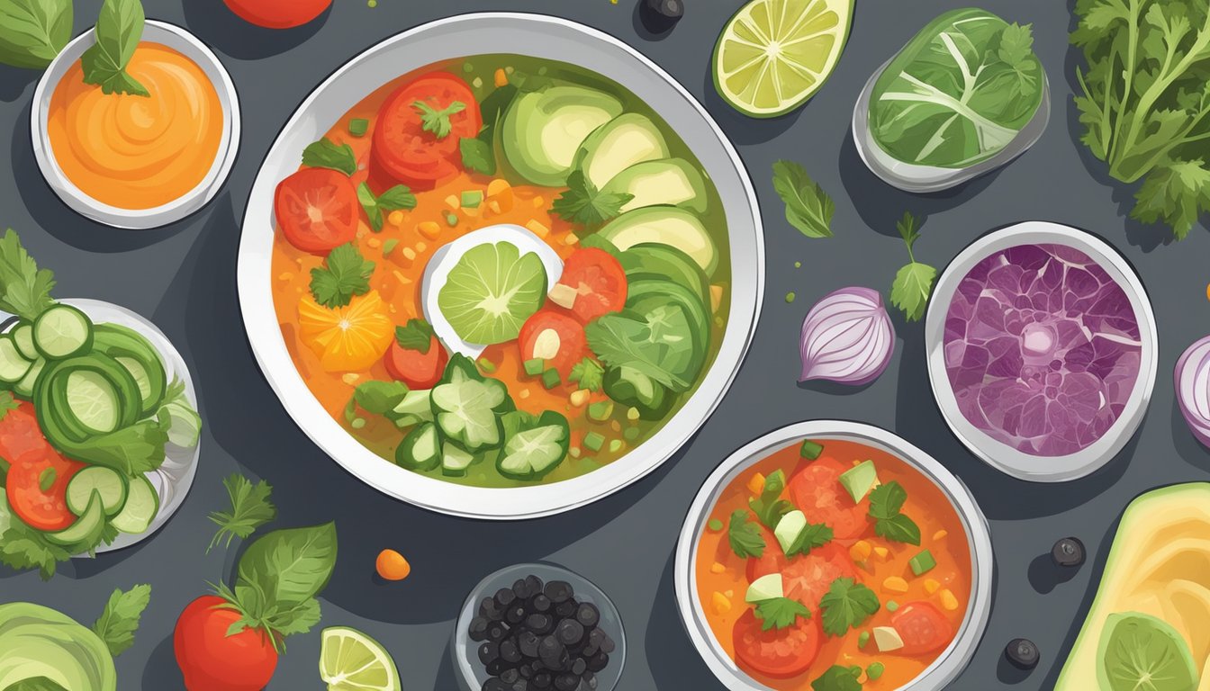 A colorful array of fresh vegetables and herbs, alongside a variety of toppings like diced avocado and croutons, set against a backdrop of a refreshing bowl of chilled gazpacho