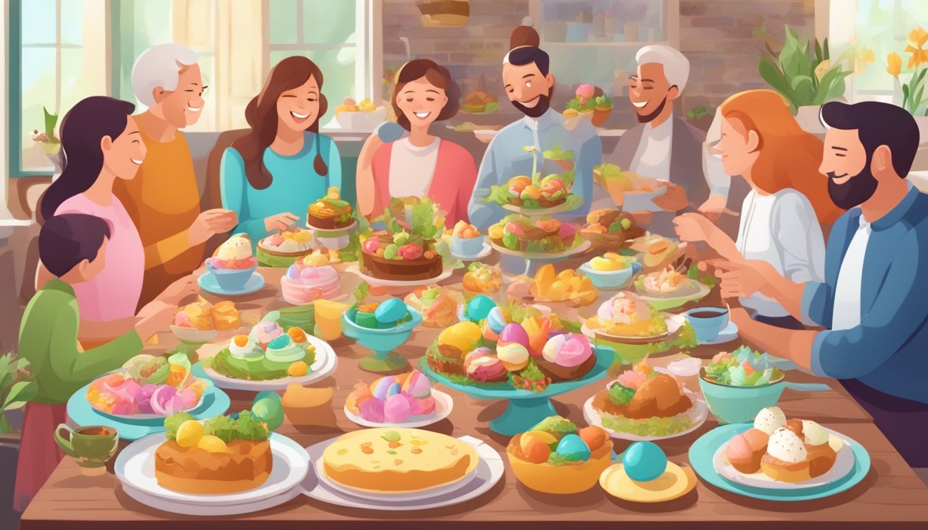 A table filled with colorful Easter dishes and desserts, surrounded by joyful family members enjoying a festive feast together