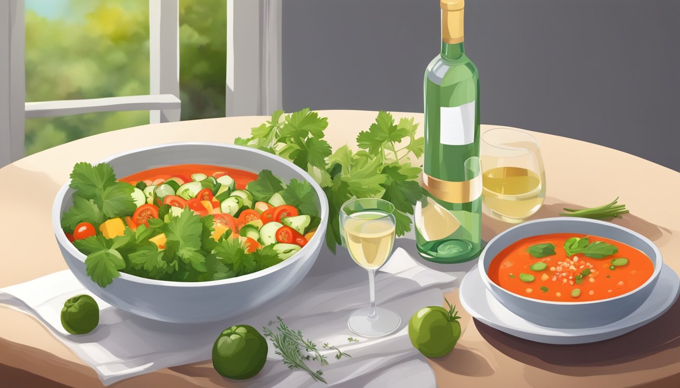 A table set with a chilled bowl of gazpacho, surrounded by fresh vegetables, herbs, and a bottle of white wine