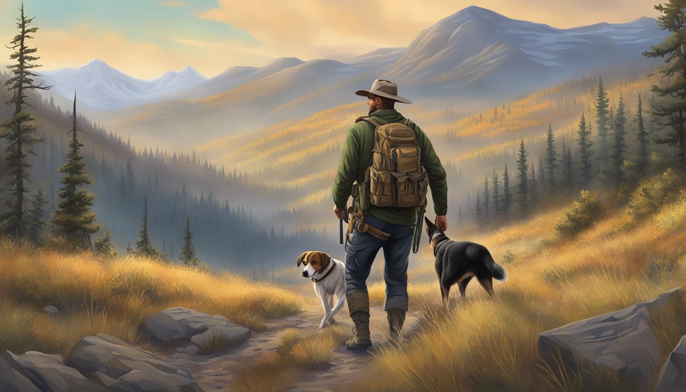 A hunter with a rifle and a dog walking through the rugged terrain of Montana, surrounded by mountains and dense forests