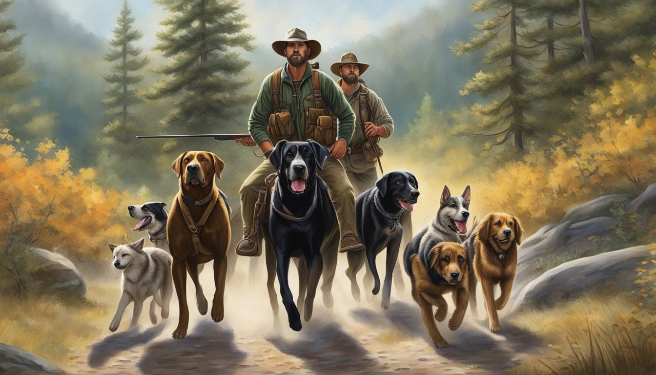 A group of hunters and their dogs trek through the Arkansas wilderness, following the scent of their prey. The dogs eagerly lead the way, their noses to the ground as the hunters follow closely behind