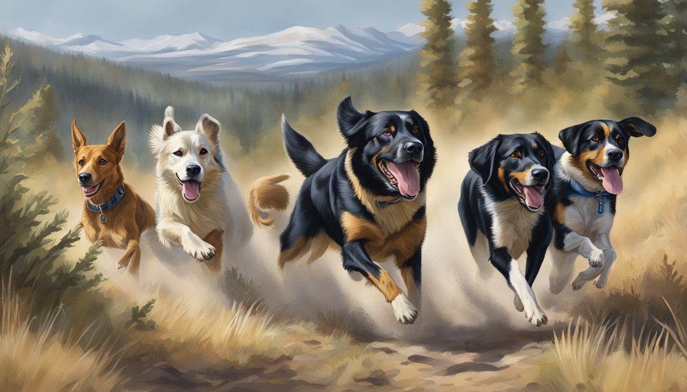 Hunting dogs running through Idaho wilderness, tongues out, tails wagging, ears perked