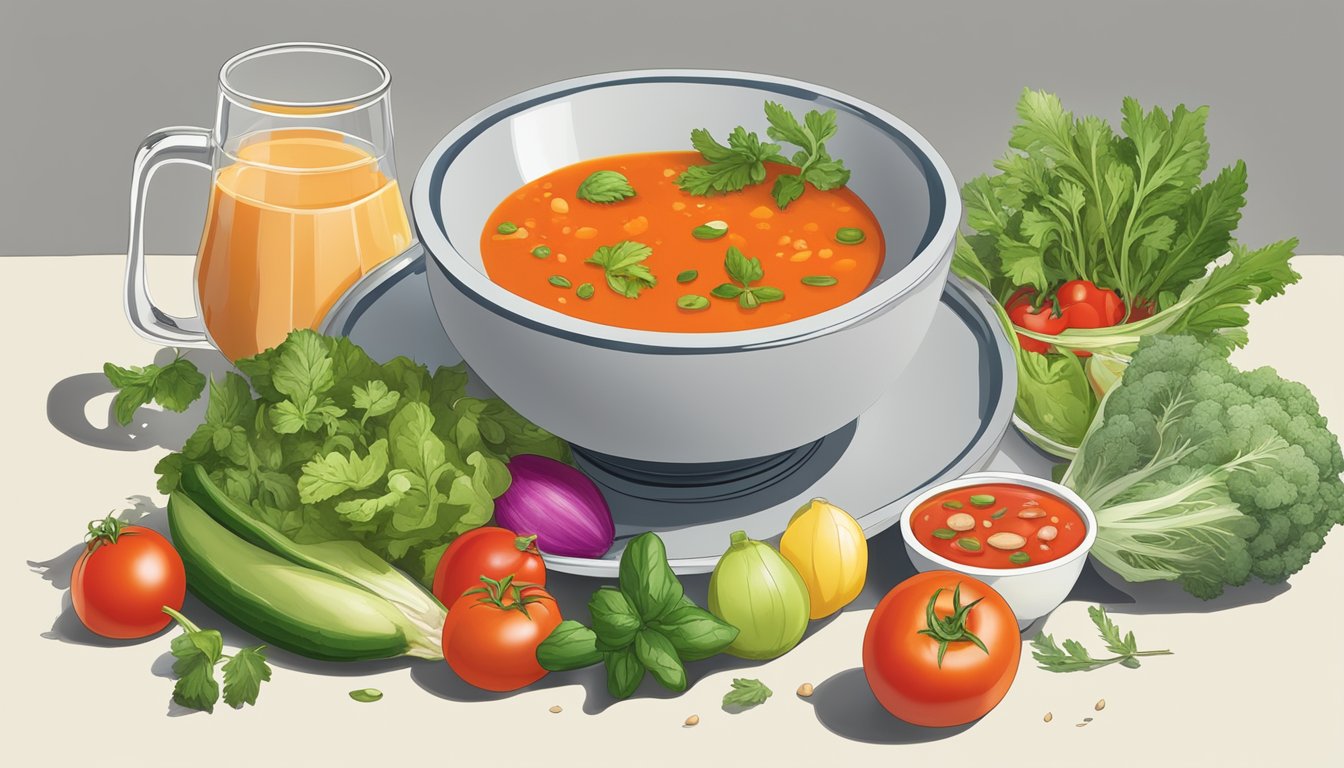 A colorful array of fresh vegetables and herbs arranged around a bowl of chilled gazpacho, with a refreshing glass of the soup beside it