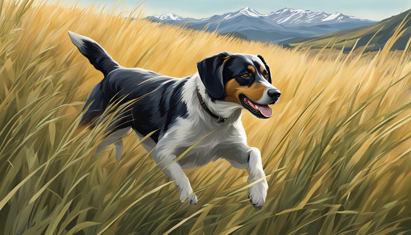 A hunting dog running through a field of tall grass in Montana, with mountains in the background