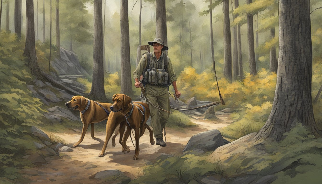 A dog owner and their well-trained hunting dog trek through the Arkansas wilderness, demonstrating responsible stewardship and a strong bond between human and animal